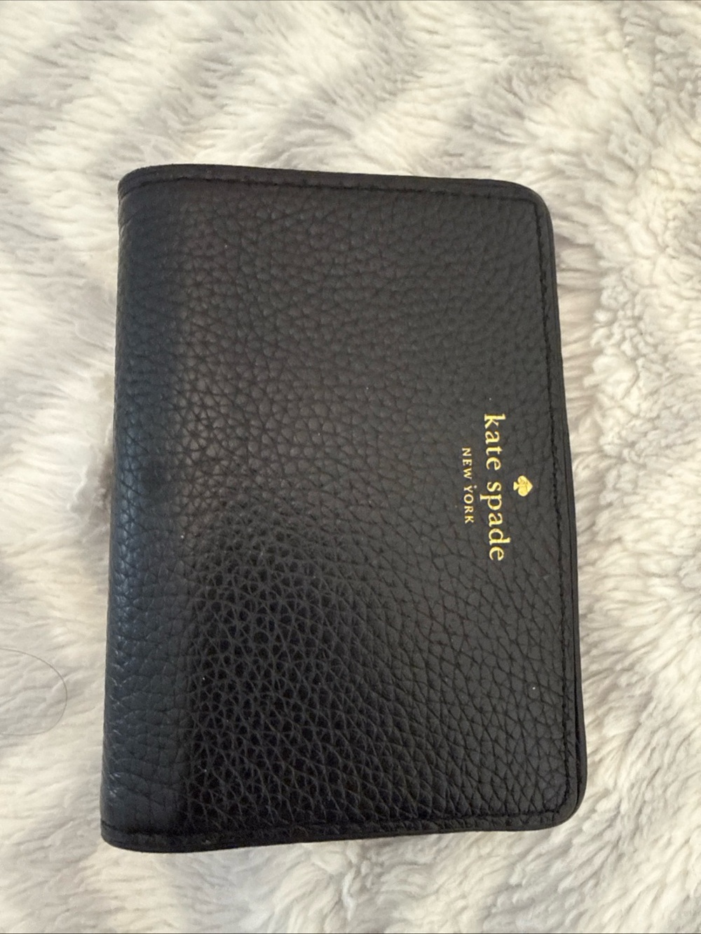 kate spade Black Pebbled Leather Bifold Wallet with Gold Logo